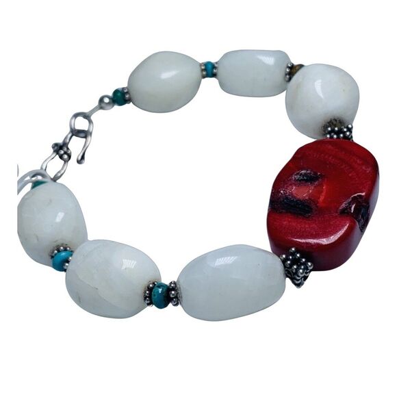 Barse White Druzy Red Coral Chunky Bracelet 7" 925 Sterling Sliver Bohemian - Picture 3 of 12